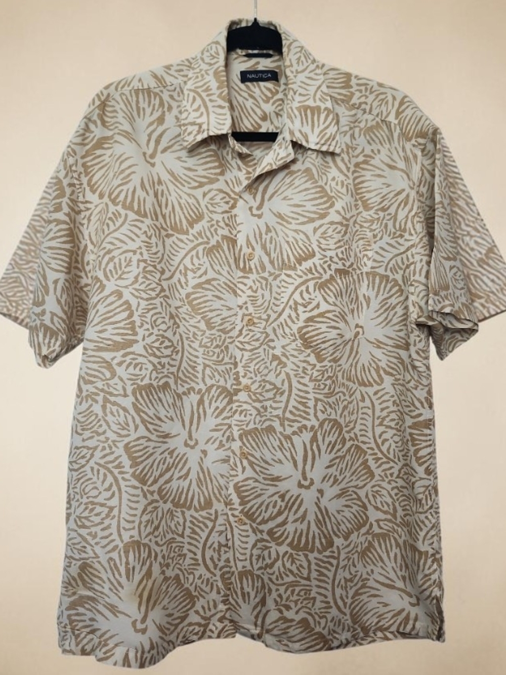 Nautica Beige and White Floral Short-Sleeve Button-Down Shirt